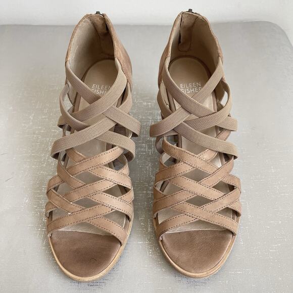 Eileen Fisher Fara Suede Leather Caged Sandals Block Heel Size 7.5 M Beige Tan - Picture 2 of 13
